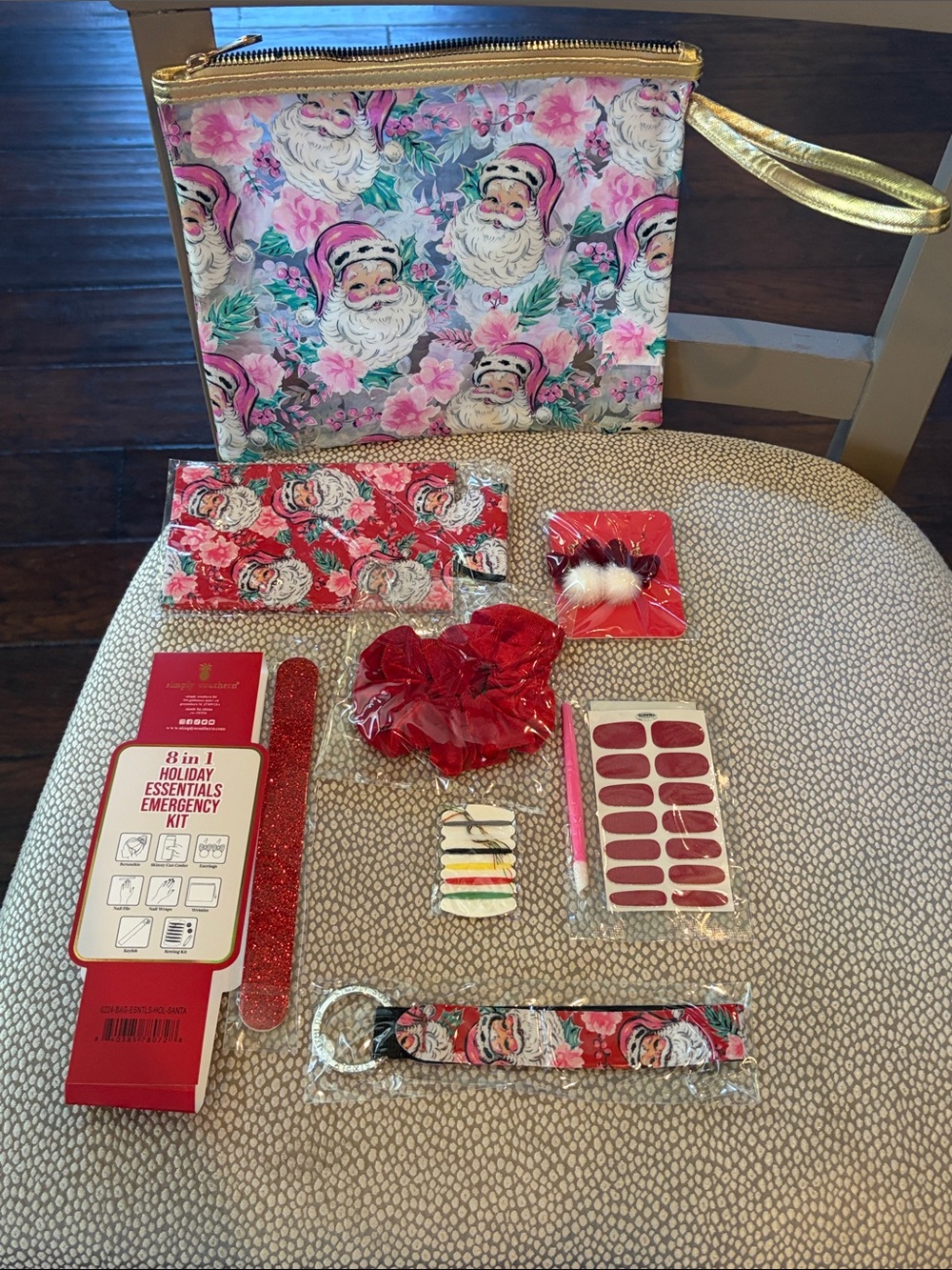 Simply, southern Pink and Red Santa and nutcracker Wristlet Cosmetic Pouch Sets
